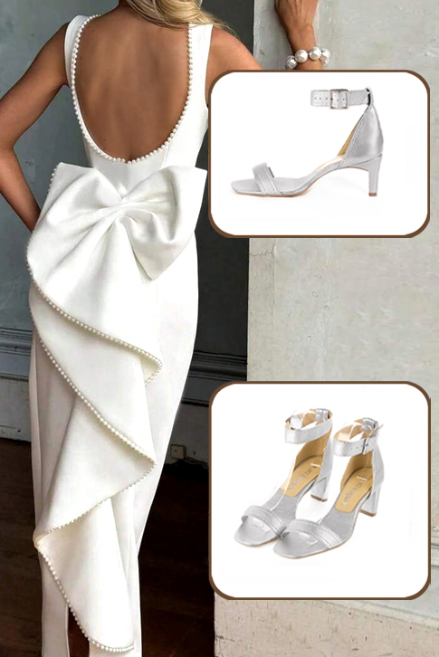 Dress sandals ankle strap in silver leather with medium comma heels and square toe - Worn view